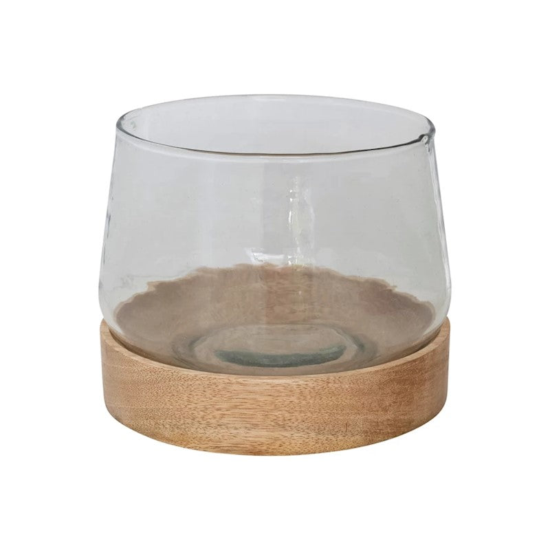 6-3/4" Round Glass Hurricane w/ Mango Wood Base