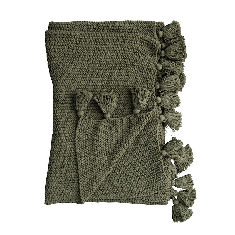 50x60  knit throw blanket w/ tassels, green