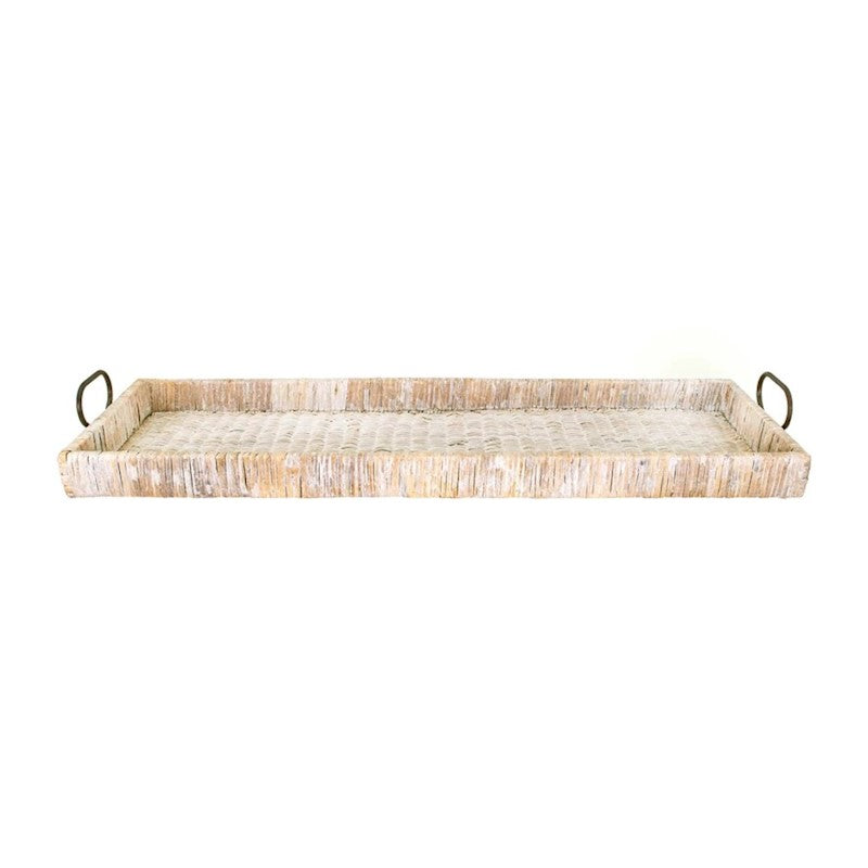 38"L x 12"W Decorative Rattan Tray w/ Metal Handles
