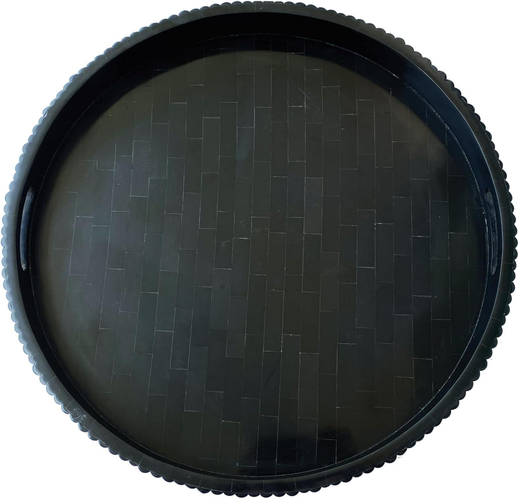 20" Round Debossed Resin Tray with Handles, Black