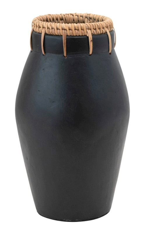 Black Terracotta Vase w/ Rattan Trim