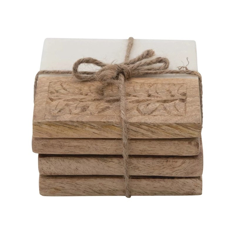 4" Square Marble Carved Wood Coasters (set of 4)