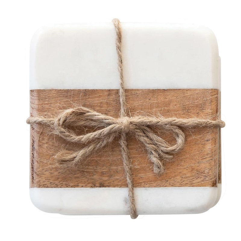 4" Square Marble + Mango Wood Coaster (set of 4)