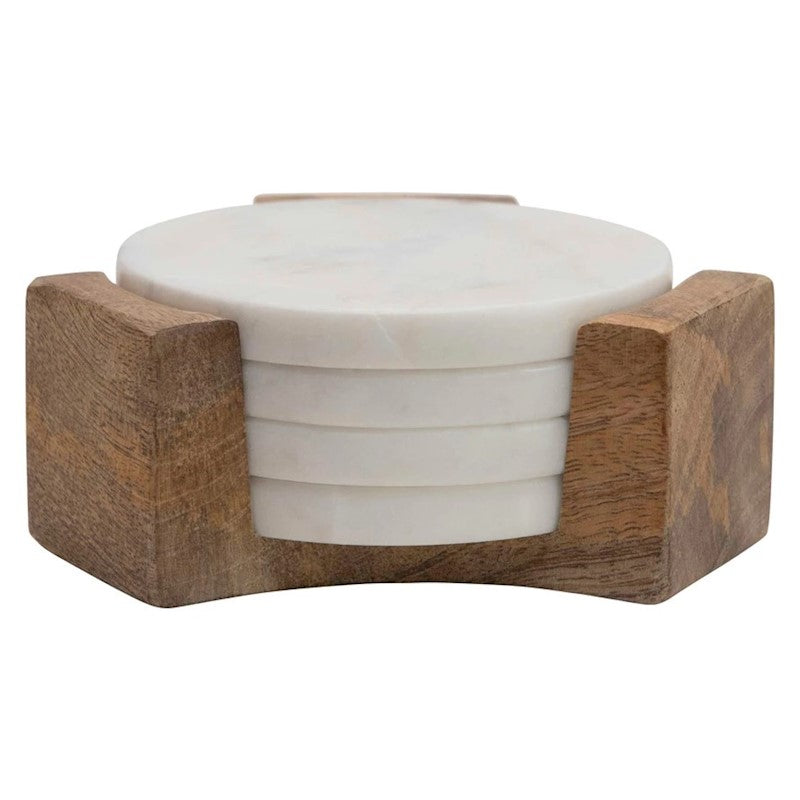 5" Round Marble Coasters w/ Wood Base (set of 4)