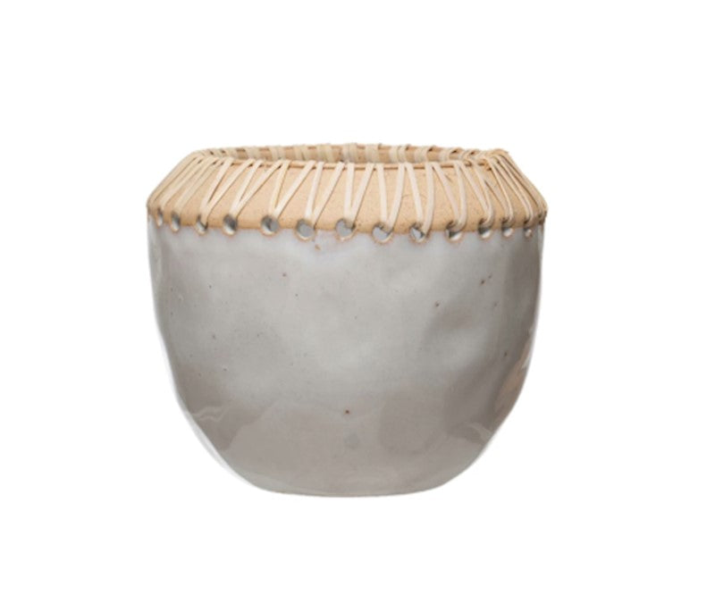 5" Round Vase (white) w/ Rattan