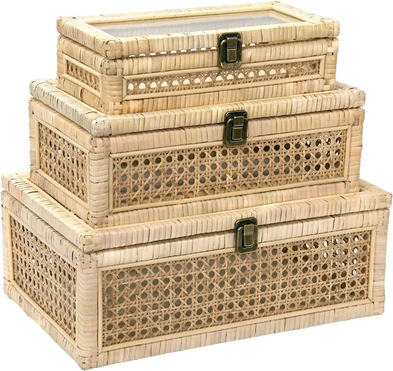 Wood + Tan Woven Rattan Boxes
