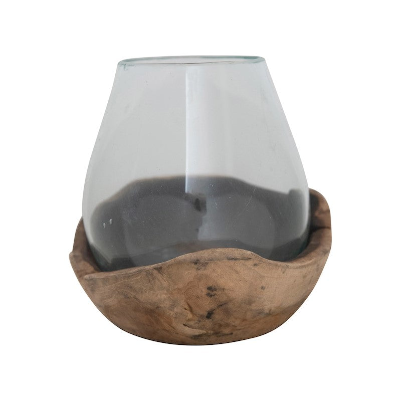 8 1/2" Glass Vase/Hurricane on Natural Wood Base