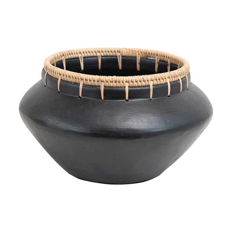 Black Terracotta Vase w/ Rattan Trim