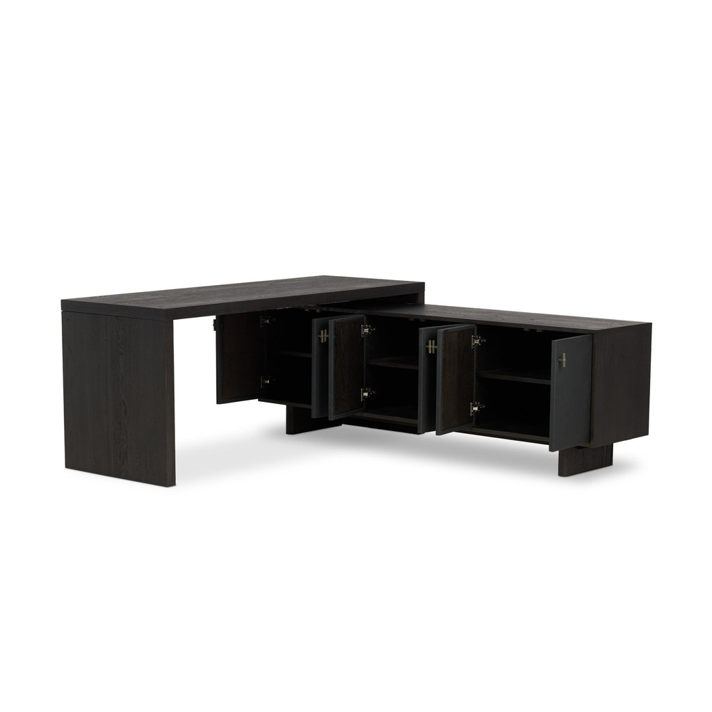 Posada L-Shaped Desk - Worn Black Oak Veneer
