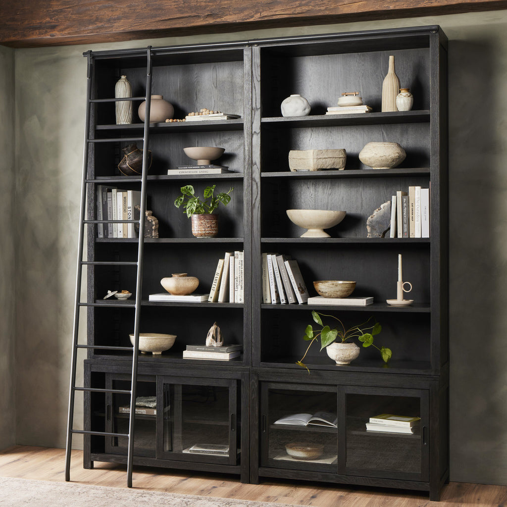 Admont Double Bookcase With Ladder - Worn Black