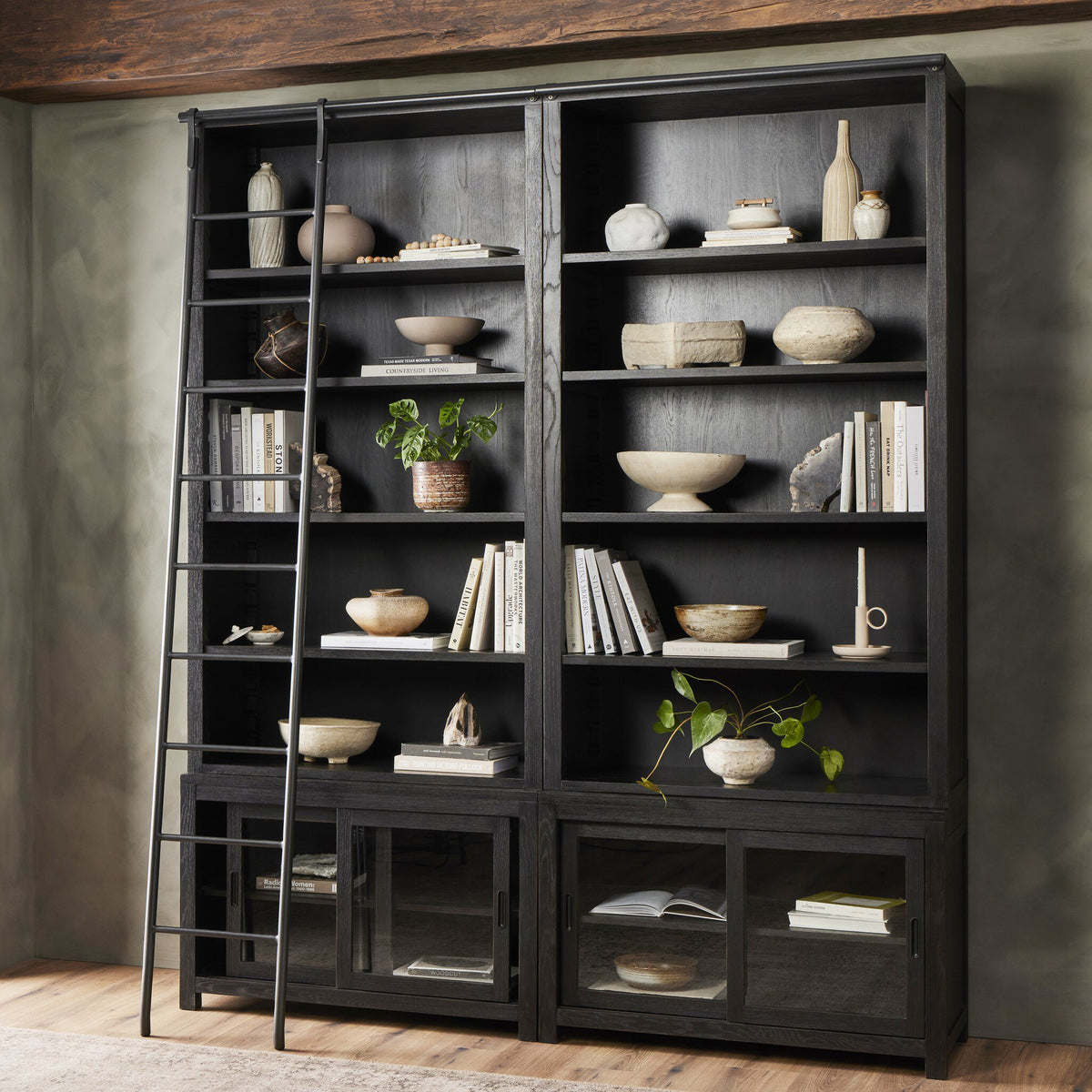 Admont Double Bookcase With Ladder - Worn Black