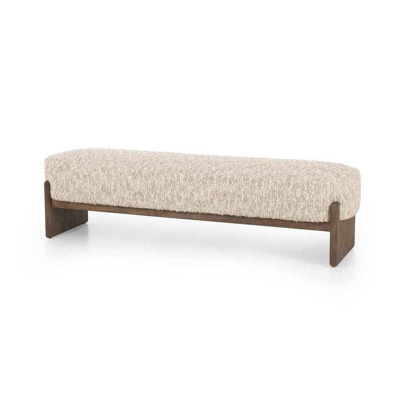 Kirby accent bench in Solema Cream heavily textured upholstery on a wire-brushed wood cradle base.
