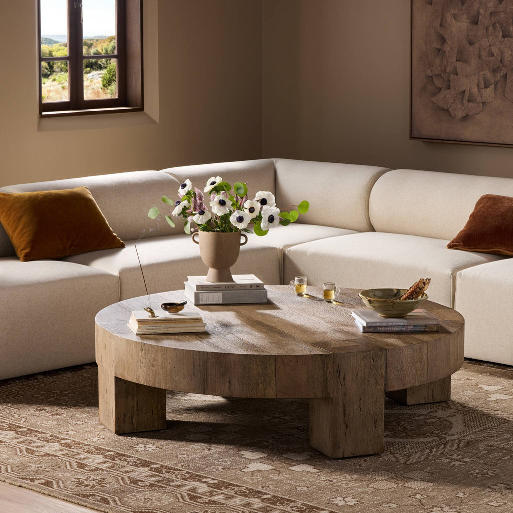Abaso Round Coffee Table - Rustic Wormwood Oak