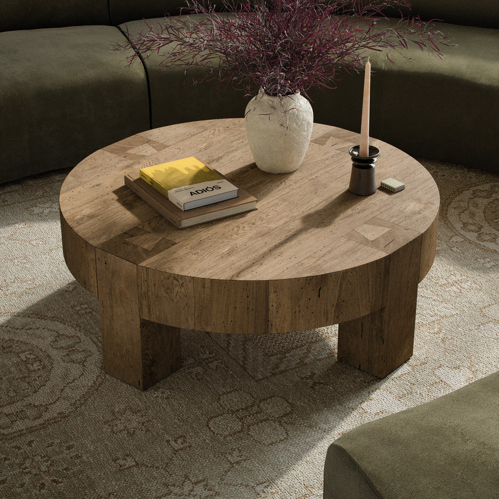 Abaso Round Coffee Table - Rustic Wormwood Oak
