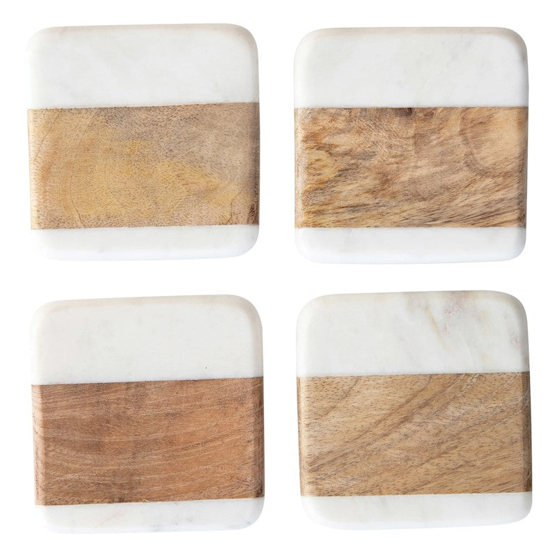 4" Square Marble + Mango Wood Coaster (set of 4)