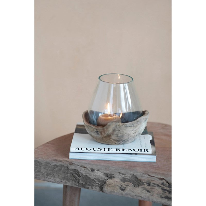8 1/2" Glass Vase/Hurricane on Natural Wood Base