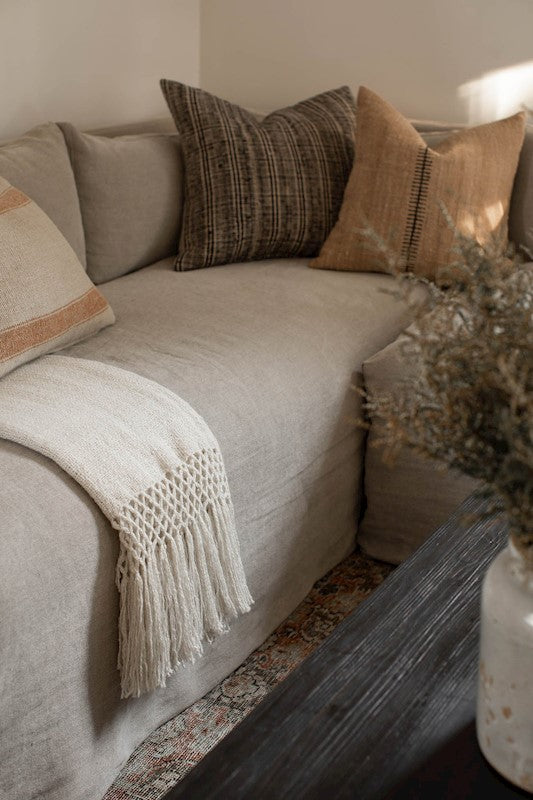 39" x 78.5" throw blanket w/ lattice tassels, ivory