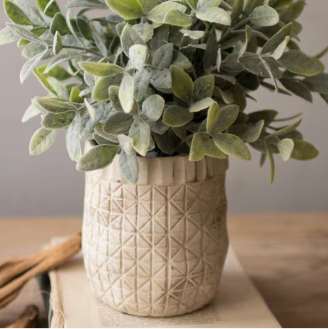 Artificial Sage with Crisscross Rustic White Pot