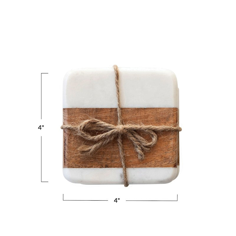 4" Square Marble + Mango Wood Coaster (set of 4)