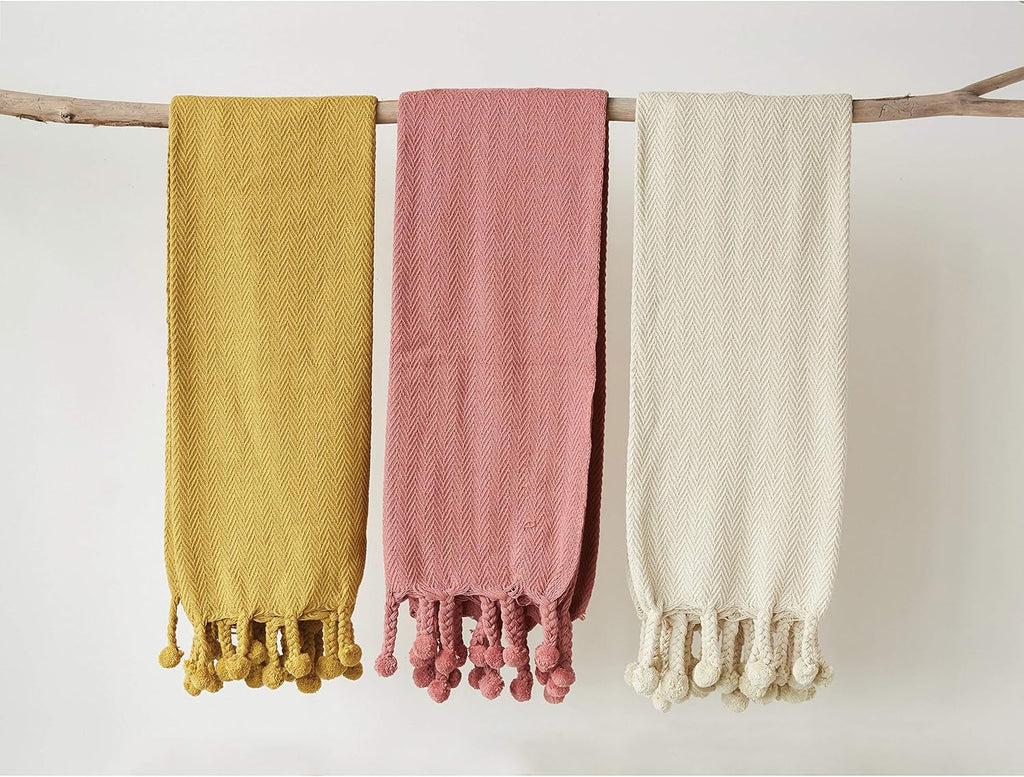50x60 Throw Blanket with Braided Pom Pom Tassels