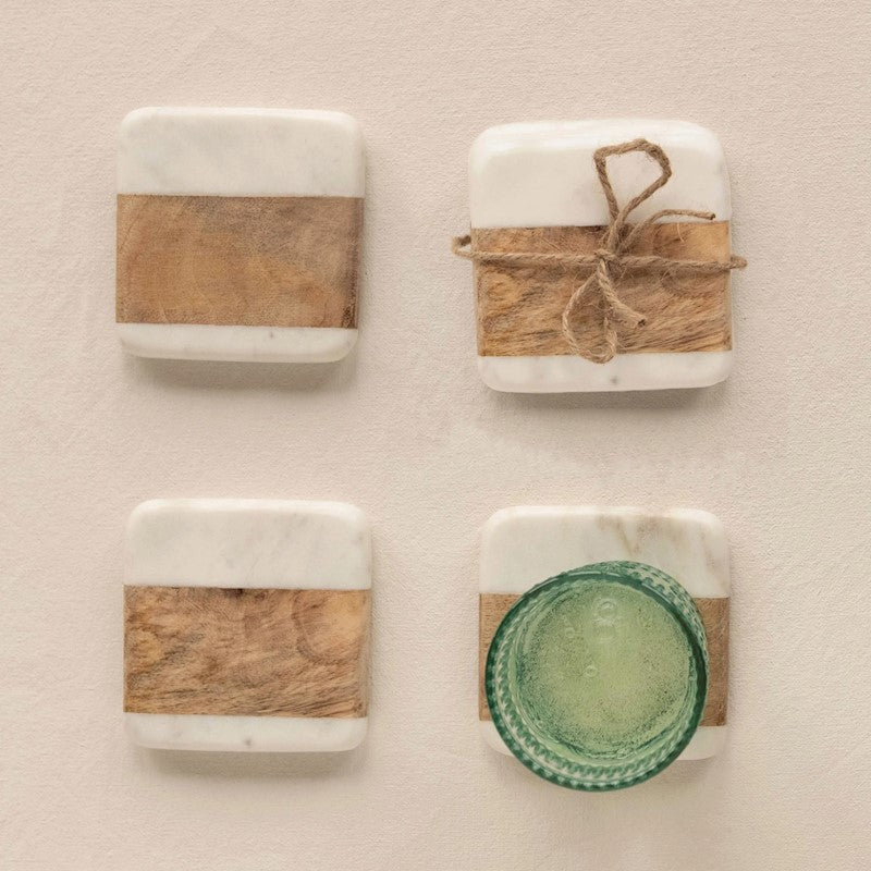4" Square Marble + Mango Wood Coaster (set of 4)
