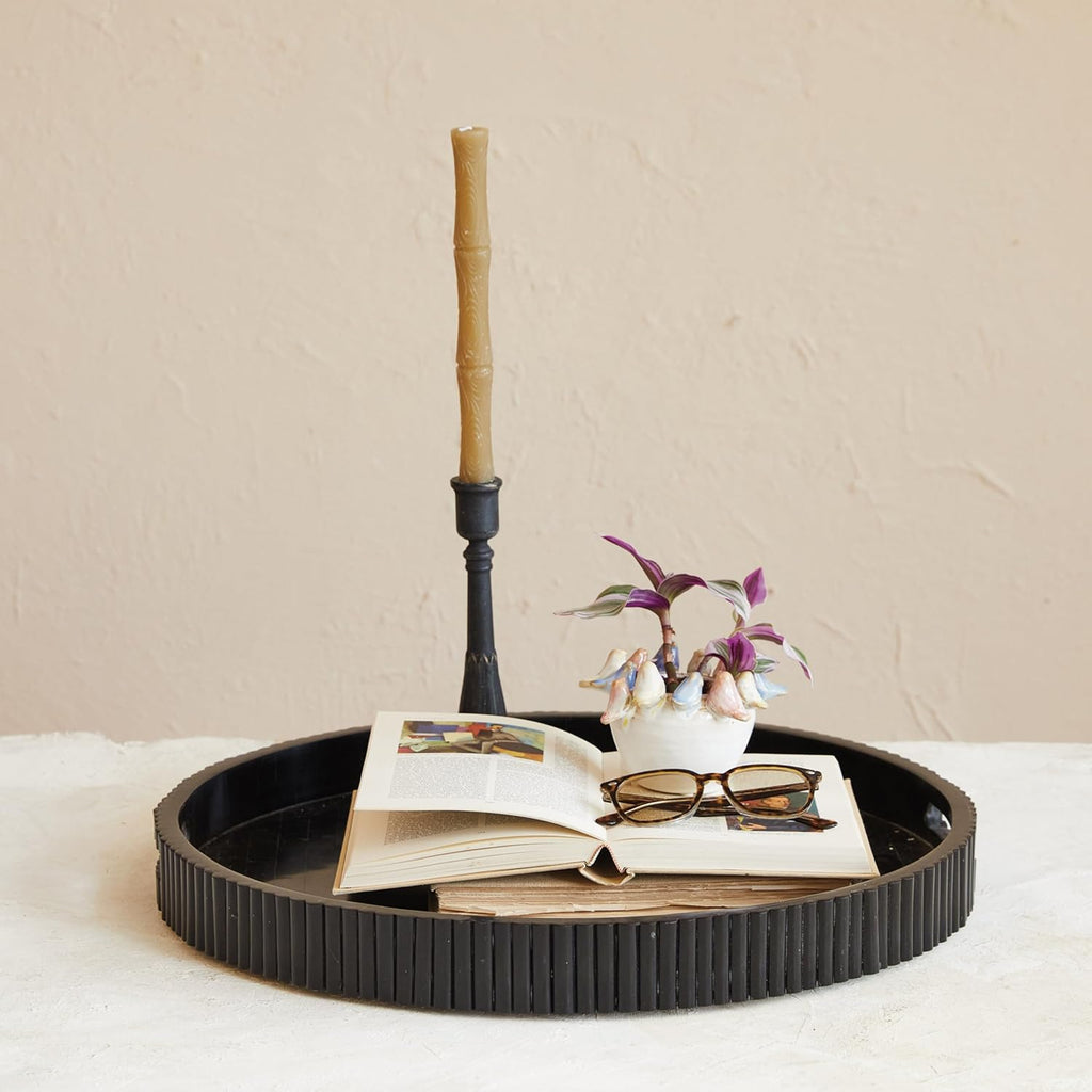20" Round Debossed Resin Tray with Handles, Black