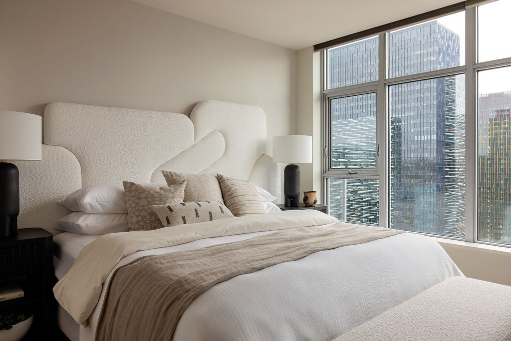 Restful bedroom designed by Elegant Simplicity Interiors for Mimi + Brooks.