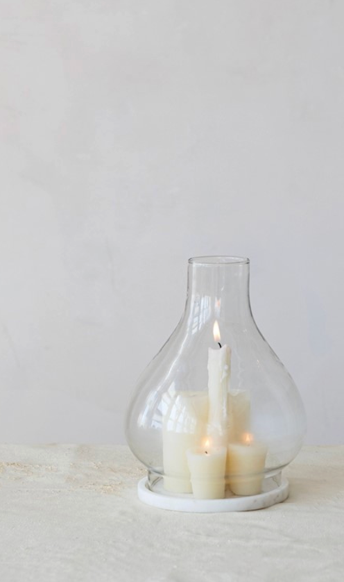 Hand Blown Glass Hurricane with Marble Base - Short