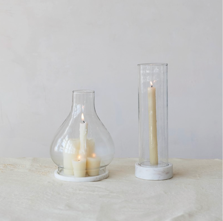 Hand Blown Glass Hurricane with Marble Base - Tall