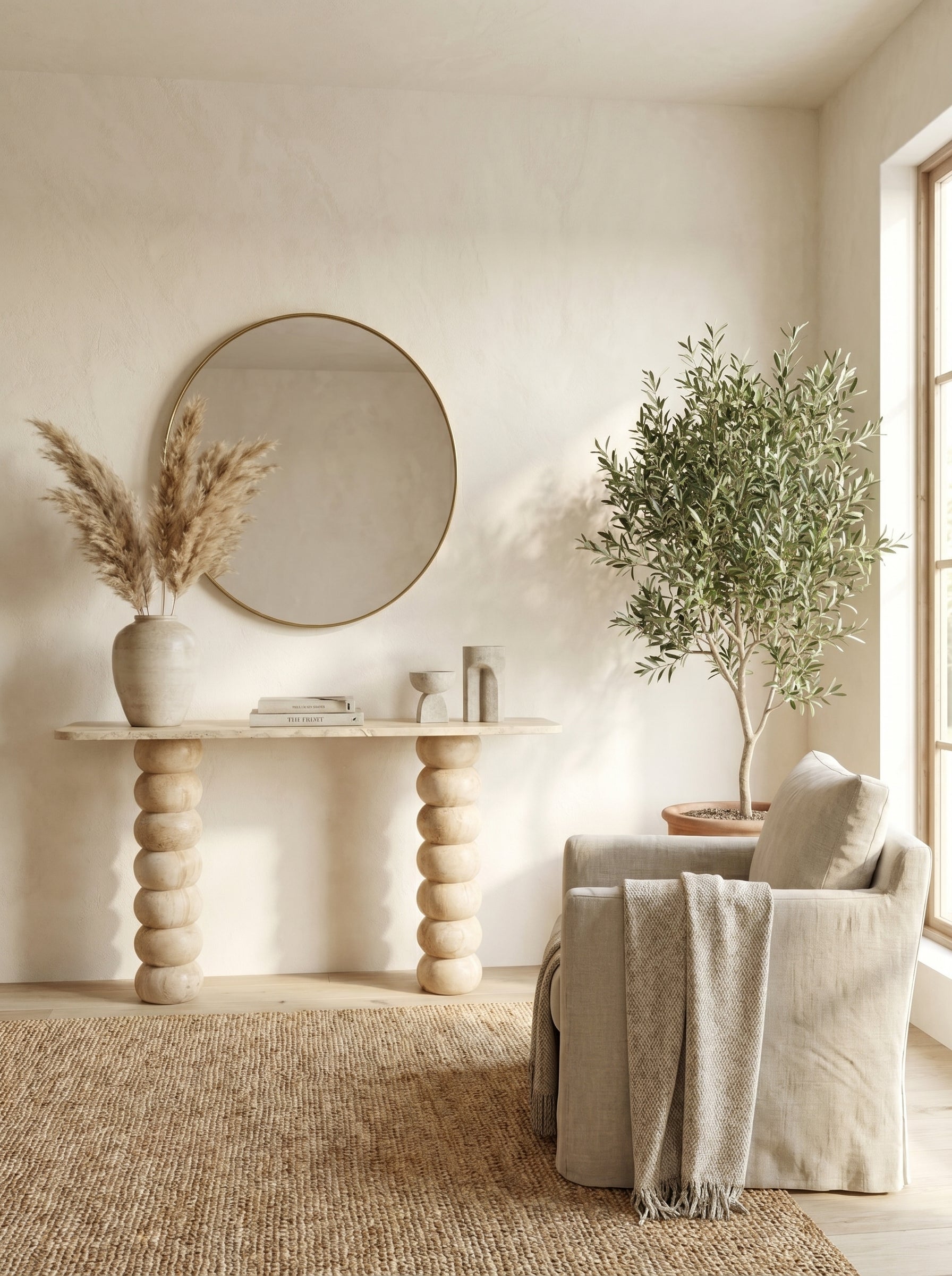 Travertine Natural Stone Console Table - Handcrafted Honed Finish