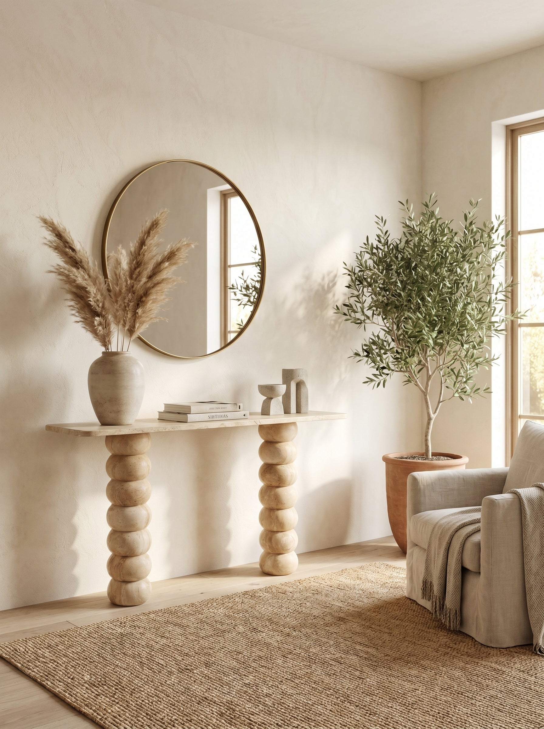 Travertine Natural Stone Console Table - Handcrafted Honed Finish
