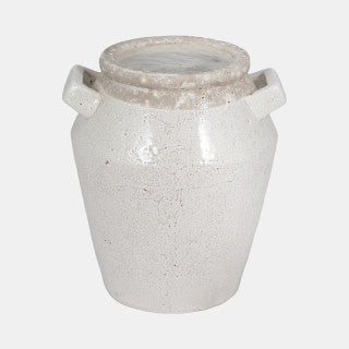 11" Squared Handle Terracotta Crackle Vase, White